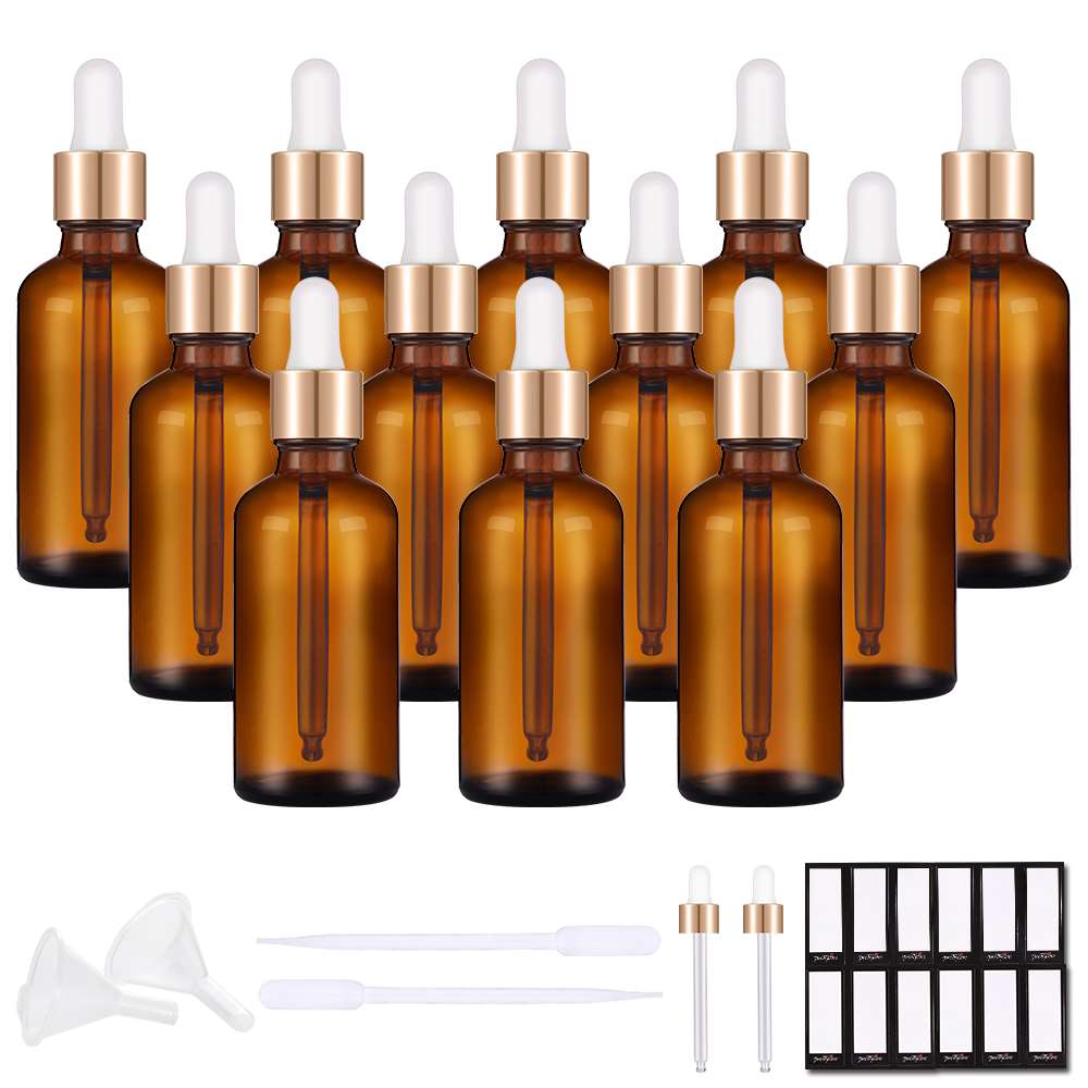 for Essential Oils Beard Oil PrettyCare Glass Dropper bottle 2 oz Body Oil Eye Dropper Bottles 12 Pack for Essential Oils 12 Pack Rose Eye Dropper Bottle 60 ml with Measured Pipettes, Golden Caps, 24 Labels, Funnel & Measured Pipettes 