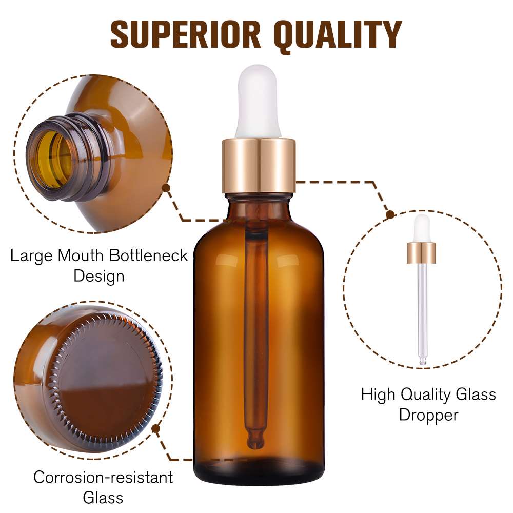 PrettyCare Eye Dropper Bottle 1 oz 12 Pack Clear Glass Bottles 30ml with Golden Caps, 2 Extra Eye Droppers, 24 Labels, Funnel & Measured Pipettes Empty Tincture Bottles for Essential Oils 