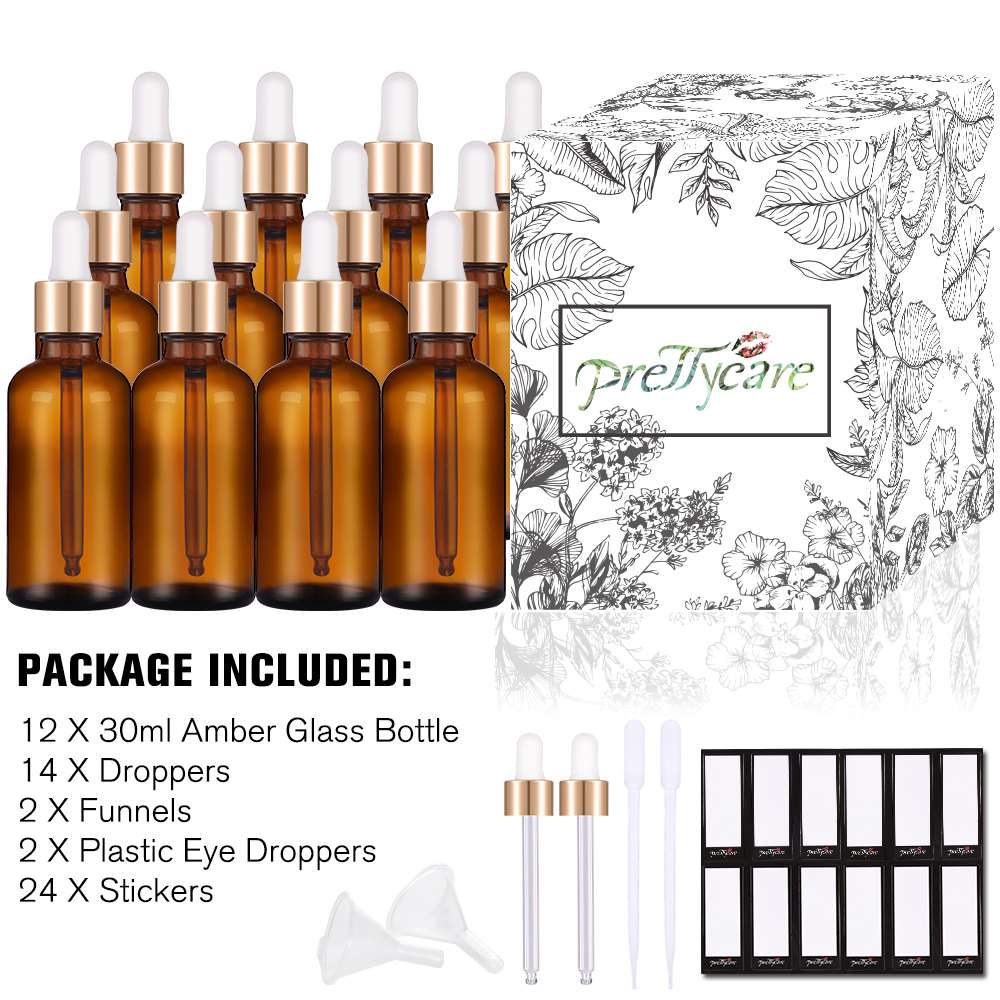Empty Tincture Bottles for Essential Oils PrettyCare Eye Dropper Bottle 1 oz 4 Pack Clear Glass Bottles 30ml with Golden Caps, 12 Labels, Funnel & Measured Pipettes 